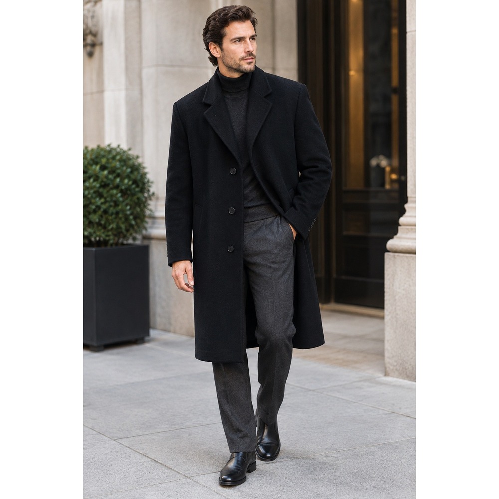 Calvin Klein Wool Blend Overcoat Mens 46S Classic Long Top Coat Black